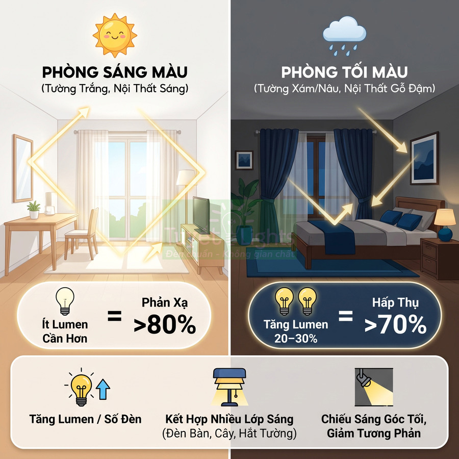 So sánh phòng sáng màu và phòng tối màu với các loại đèn, mức lumen và cách bố trí chiếu sáng hiệu quả