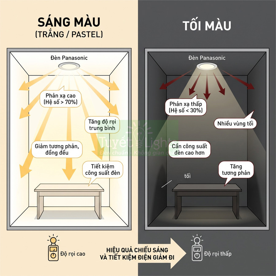 So sánh hiệu quả chiếu sáng đèn Panasonic trong phòng sơn sáng màu và phòng sơn tối màu
