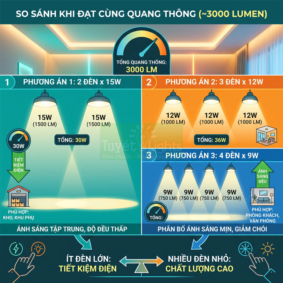 Infographic so sánh phương án lắp đèn LED 15W, 12W, 9W để đạt tổng quang thông 3000 lumen
