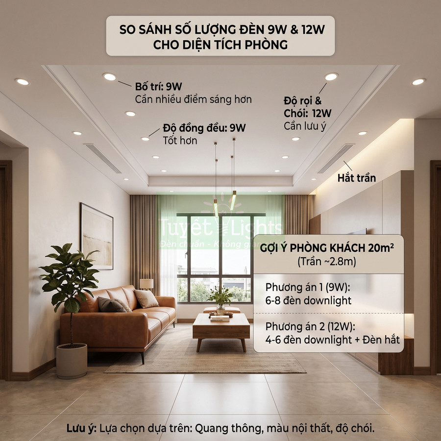 Phòng khách hiện đại 20m2 sử dụng đèn downlight âm trần 9W và 12W bố trí chiếu sáng đều