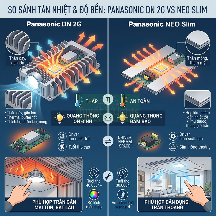 So sánh tản nhiệt và độ bền đèn LED Panasonic DN 2G thân dày với Panasonic NEO Slim thân mỏng