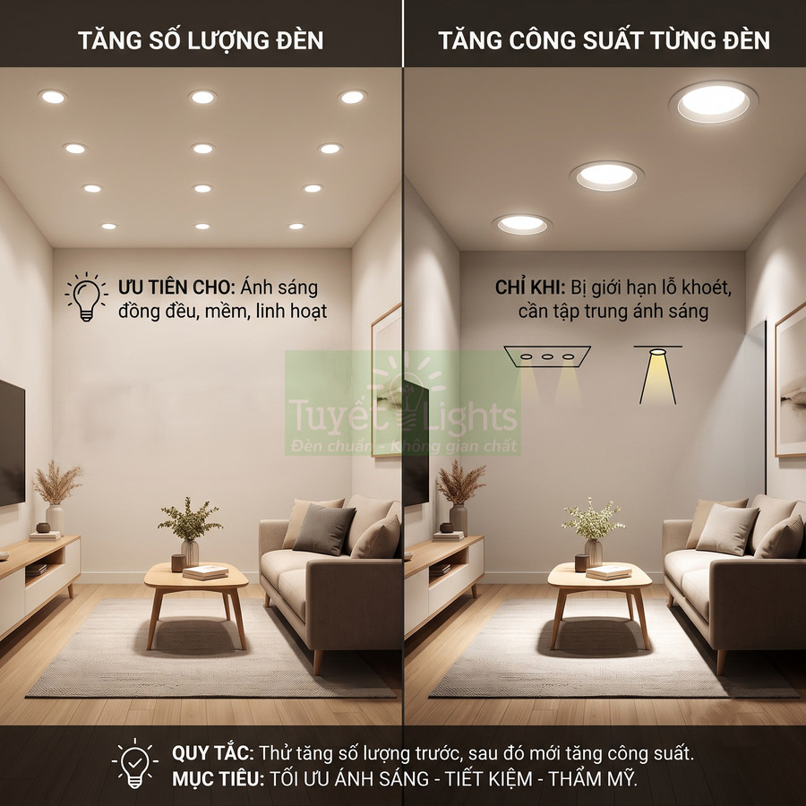 So sánh bố trí đèn âm trần Tuyết Lights trong phòng khách, tăng số lượng đèn và tăng công suất chiếu sáng