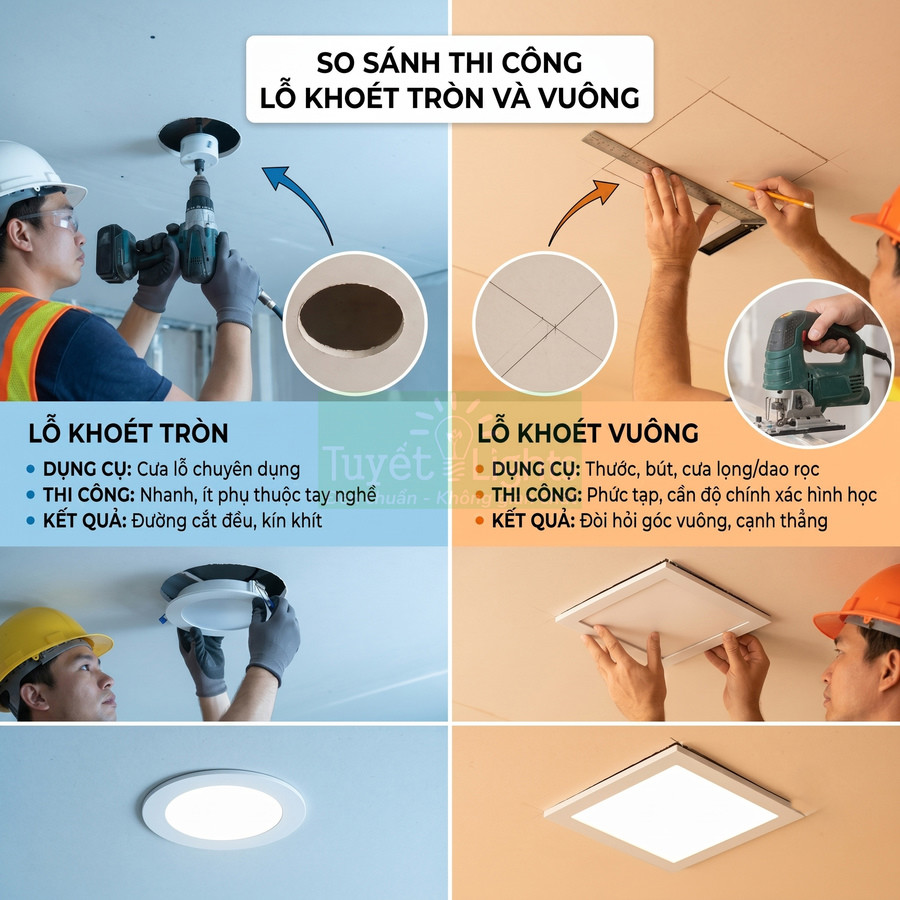 So sánh thi công lỗ khoét tròn và lỗ khoét vuông để lắp đèn âm trần trên trần thạch cao
