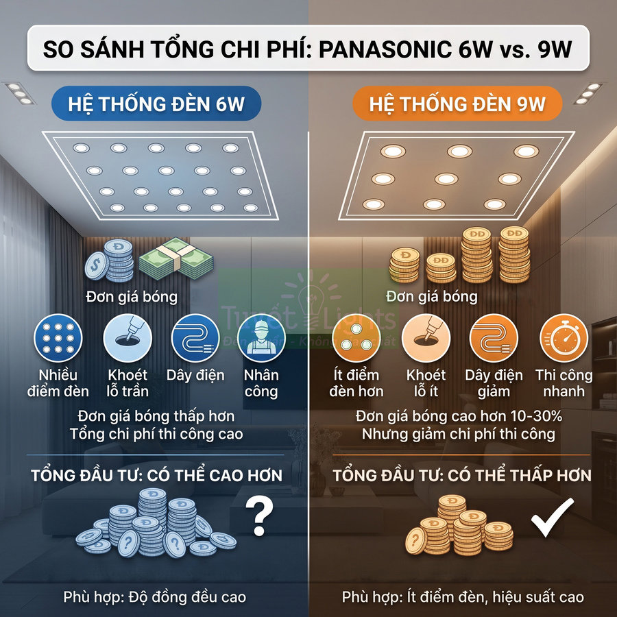 So sánh chi phí hệ thống đèn âm trần Panasonic 6W và 9W trong phòng khách hiện đại