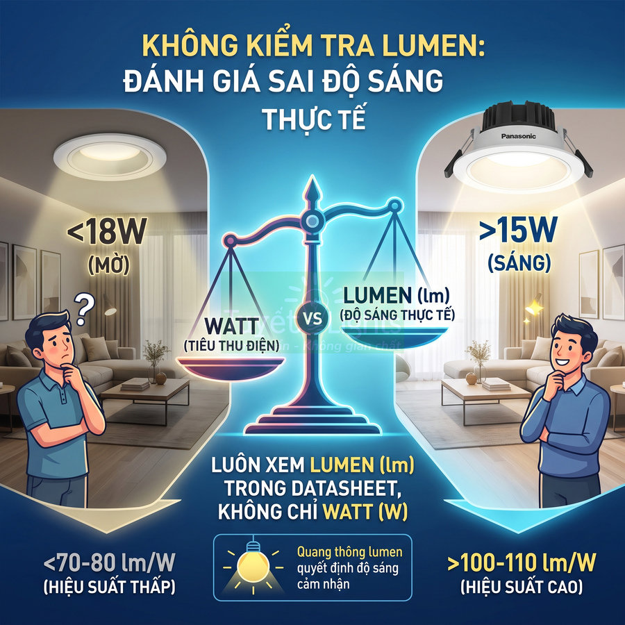 Đèn LED âm trần Panasonic so sánh độ sáng theo lumen và watt, khuyến nghị chọn hiệu suất cao