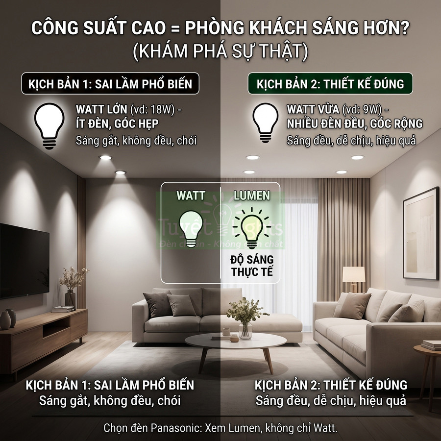 So sánh hai phòng khách dùng đèn LED Panasonic: bên trái ít đèn watt lớn, bên phải nhiều đèn watt vừa sáng đều