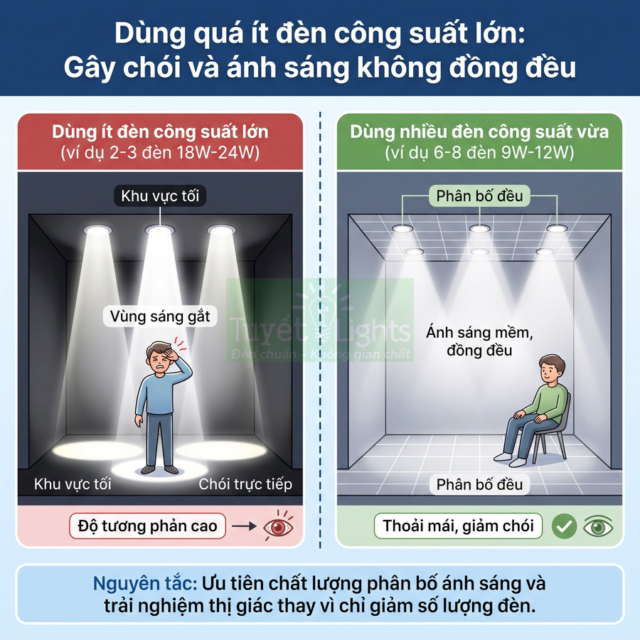 So sánh bố trí đèn LED công suất lớn ít đèn và nhiều đèn công suất vừa để có ánh sáng đều, giảm chói trong phòng