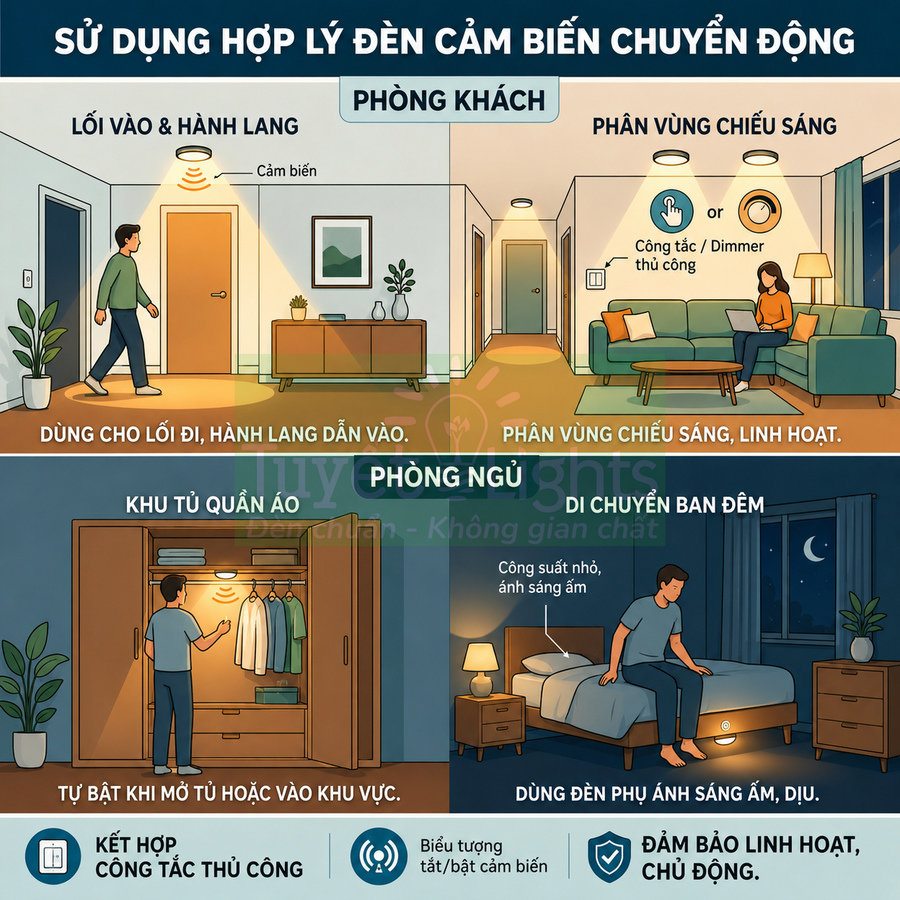 Minh họa cách sử dụng đèn cảm biến chuyển động cho phòng khách, hành lang và phòng ngủ trong nhà