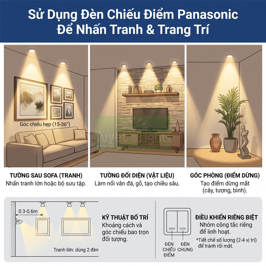 Hướng dẫn sử dụng đèn chiếu điểm Panasonic để nhấn tranh tường, vật liệu và góc trang trí trong phòng khách