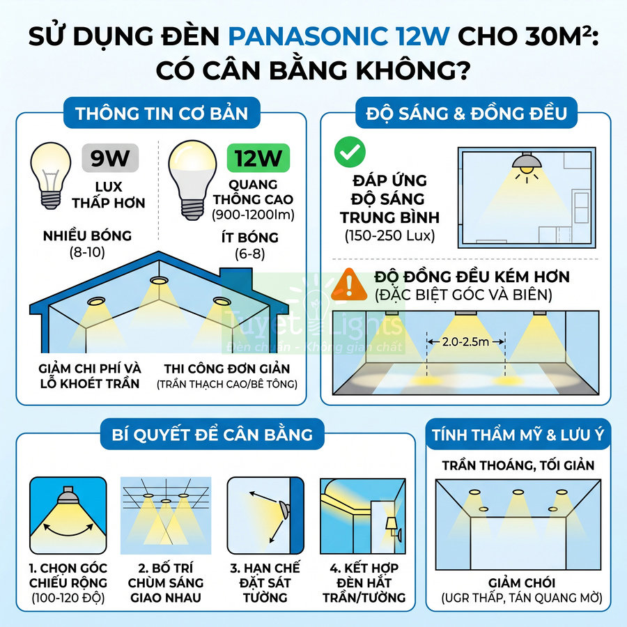 Infographic hướng dẫn sử dụng đèn LED Panasonic 12W cho phòng 30m2 với mẹo bố trí ánh sáng cân bằng