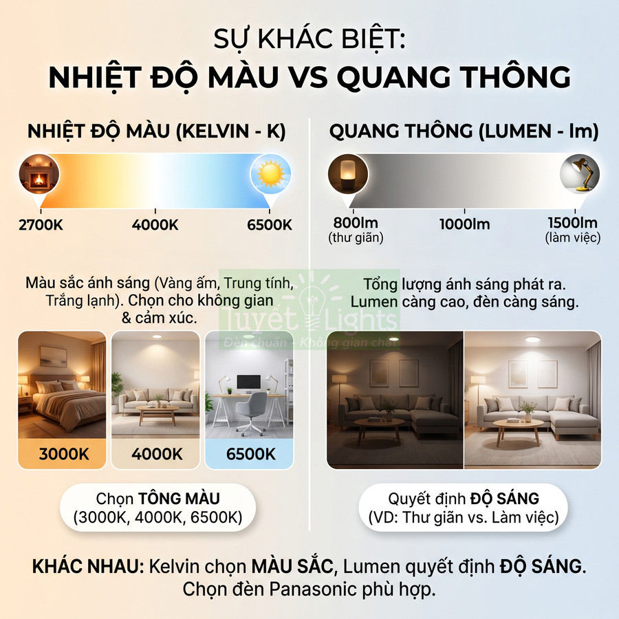 Infographic so sánh nhiệt độ màu Kelvin và quang thông lumen của đèn Panasonic cho phòng ngủ và phòng khách