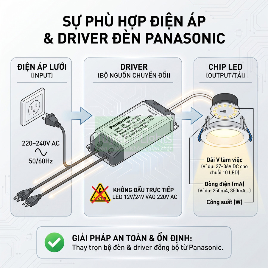Sơ đồ kết nối driver đèn LED Panasonic với nguồn điện 220V và chip LED âm trần