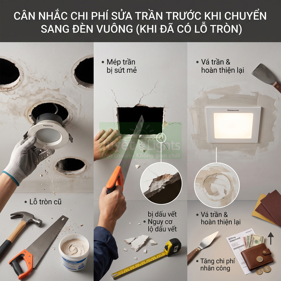Quy trình sửa trần chuyển từ đèn âm trần tròn sang đèn vuông Panasonic và chi phí nhân công
