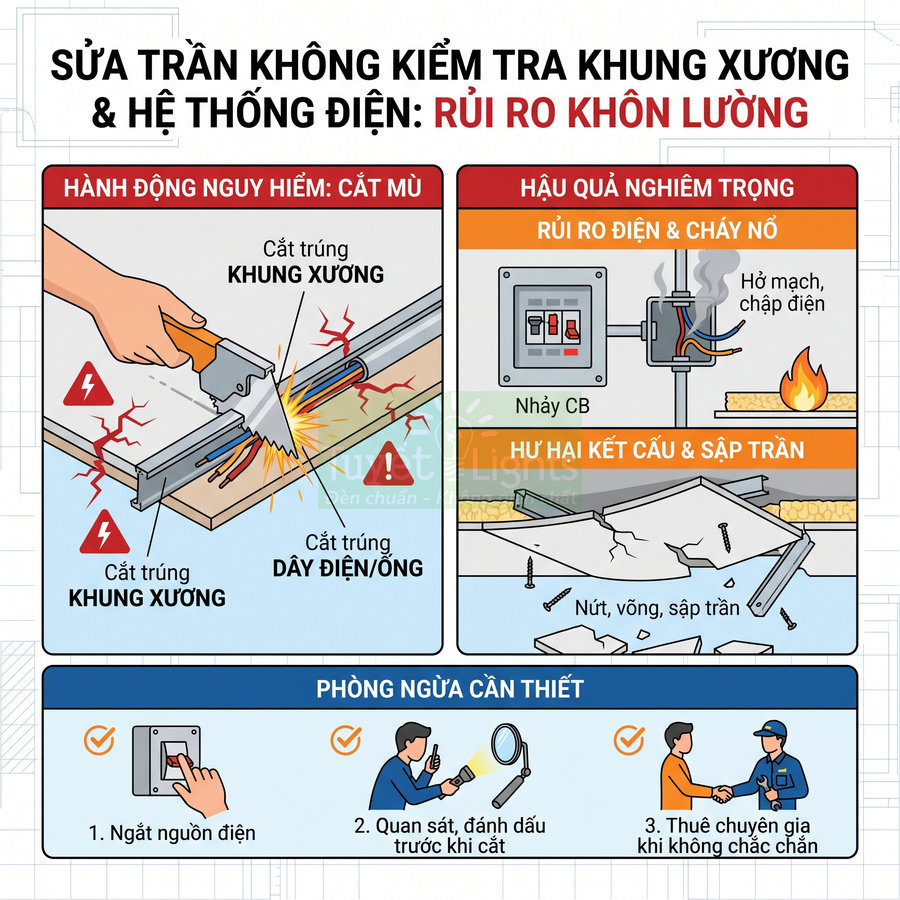Infographic cảnh báo rủi ro khi cắt trần không kiểm tra khung xương và hệ thống điện, kèm hướng dẫn phòng tránh