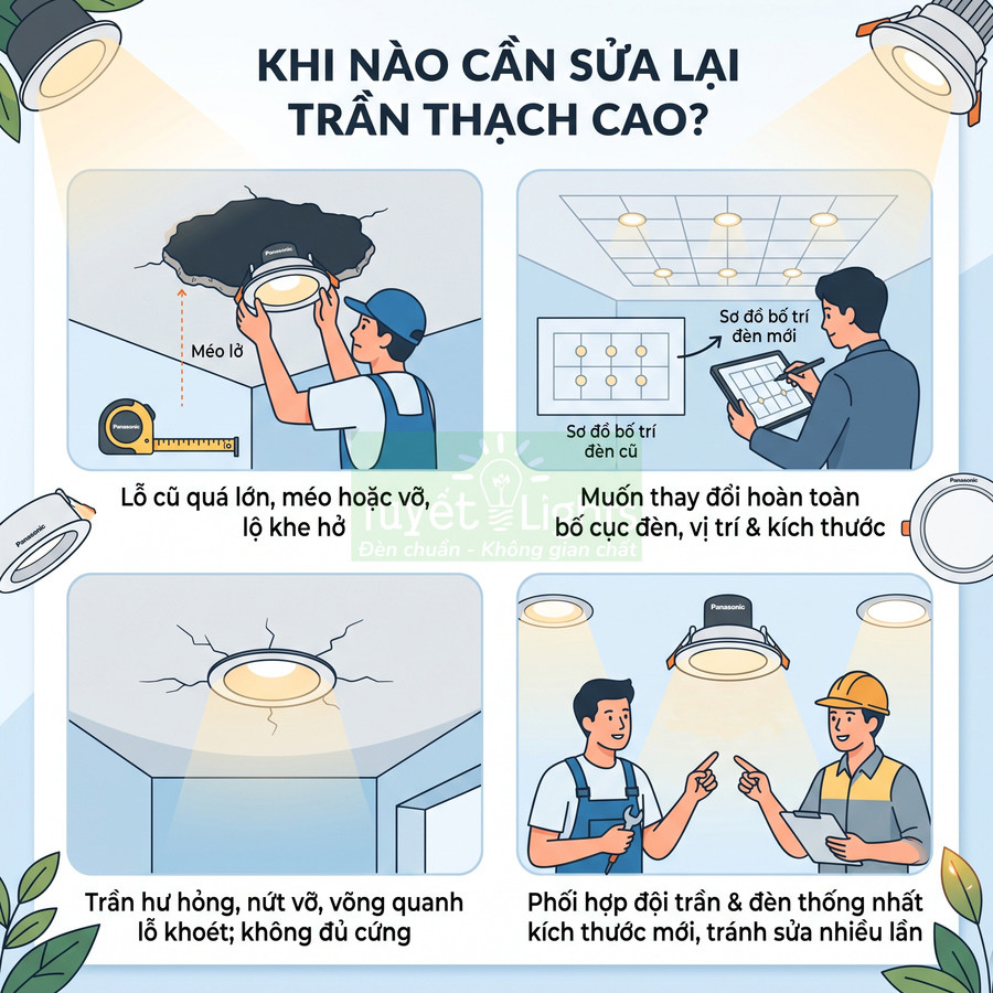 Hướng dẫn sửa trần thạch cao với đèn âm trần Panasonic, các trường hợp cần thay đèn và xử lý trần hư hỏng