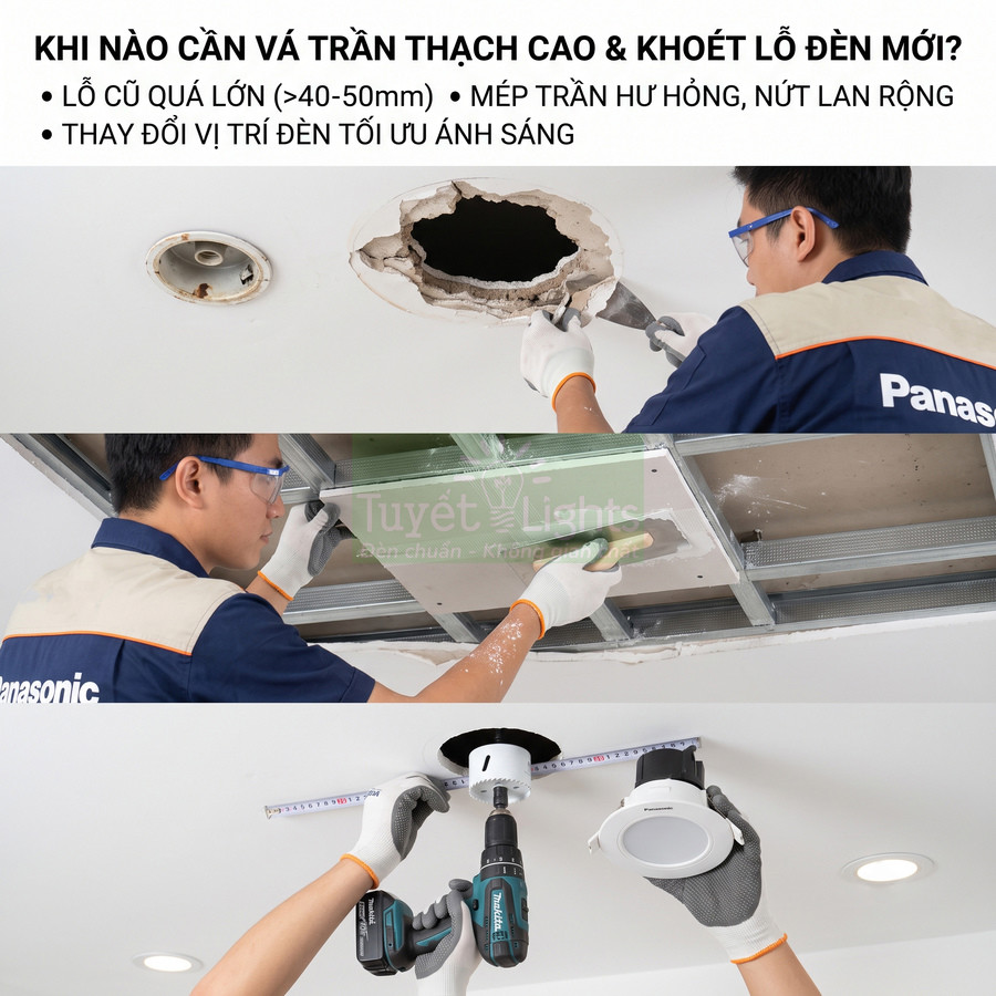 Thợ Panasonic vá trần thạch cao và lắp đèn âm trần Panasonic mới trên trần nhà trắng