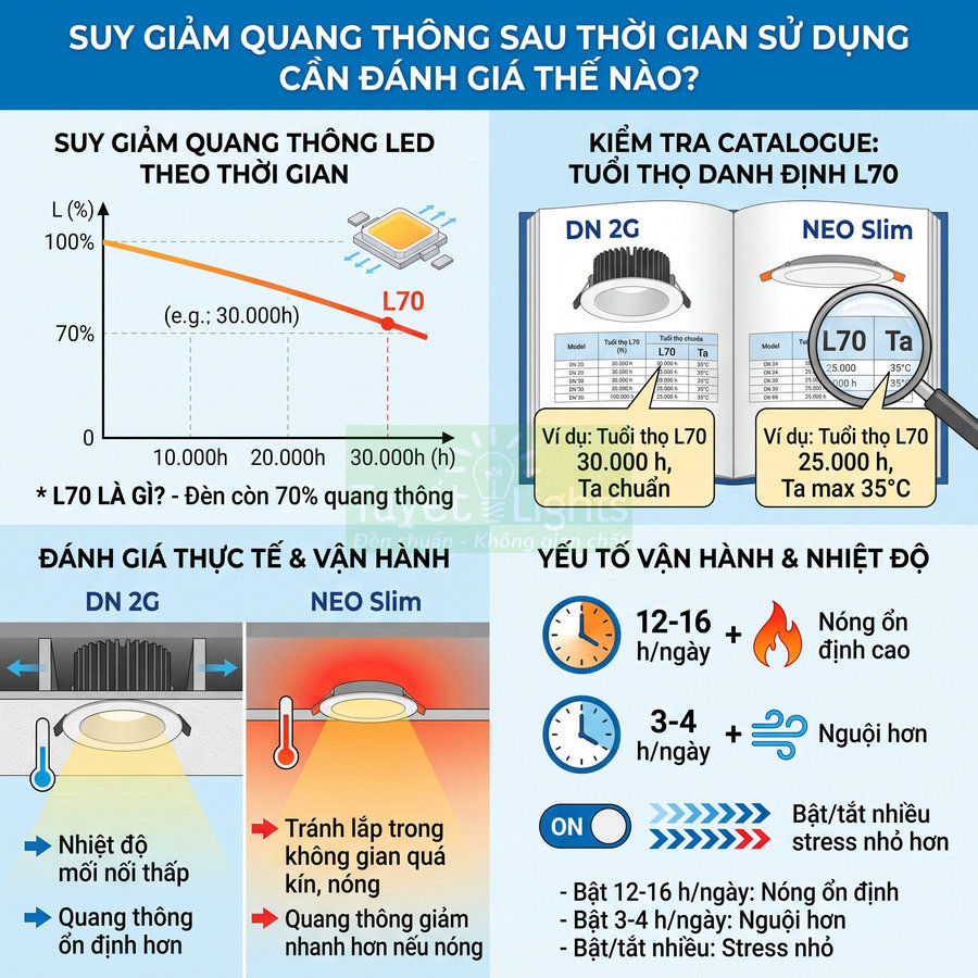 Infographic hướng dẫn đánh giá suy giảm quang thông và tuổi thọ đèn LED âm trần DN 2G, NEO Slim theo thời gian sử dụng