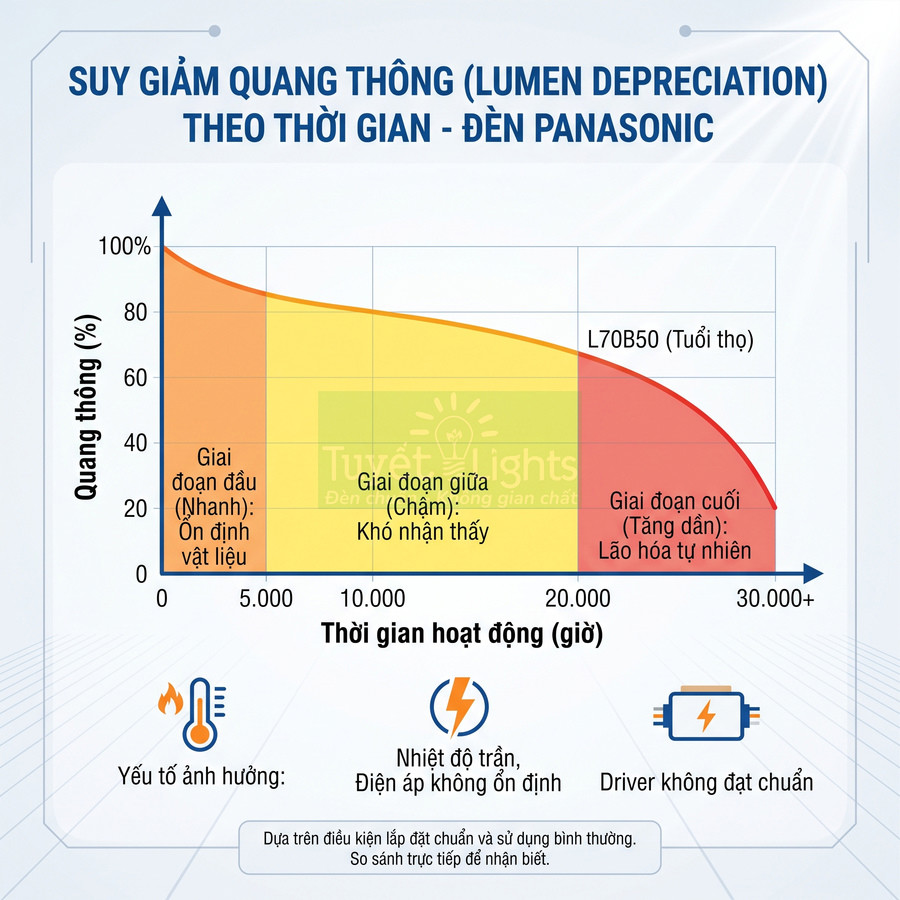 Biểu đồ suy giảm quang thông theo thời gian của đèn LED Panasonic và các yếu tố ảnh hưởng tuổi thọ