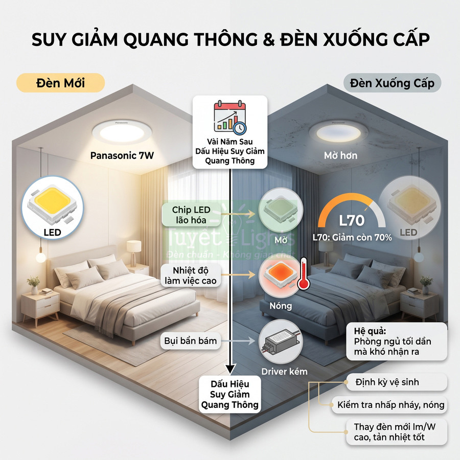 So sánh phòng ngủ dùng đèn LED Panasonic 7W mới và đèn LED xuống cấp suy giảm quang thông