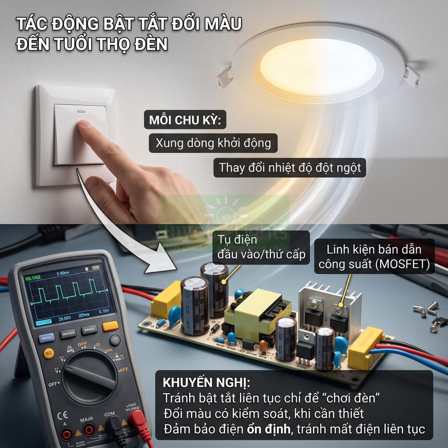 Công tắc điều khiển đèn LED âm trần đổi màu và mạch nguồn với tụ điện, linh kiện MOSFET và đồng hồ đo điện tử