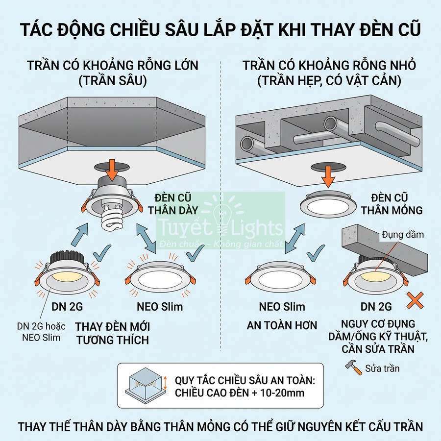Hướng dẫn chọn đèn âm trần DN 2G và NEO Slim phù hợp độ sâu trần khi thay đèn cũ
