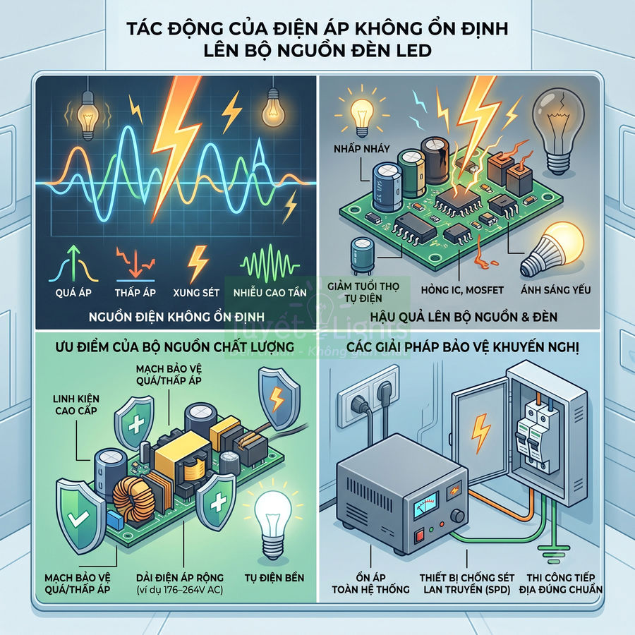 Infographic tác động điện áp không ổn định lên bộ nguồn đèn LED và giải pháp bảo vệ, ổn áp hệ thống