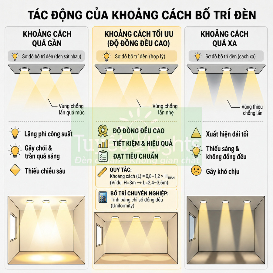 Hướng dẫn khoảng cách bố trí đèn âm trần tối ưu để ánh sáng đồng đều, tiết kiệm điện và tránh chói mắt