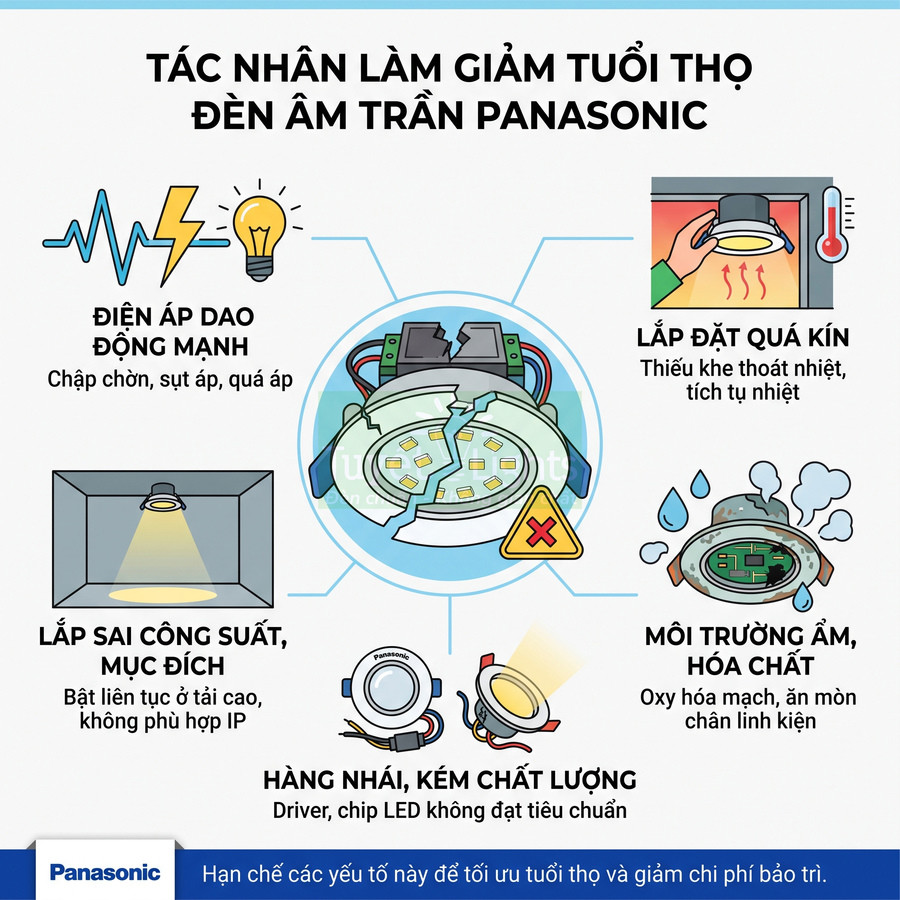 Các tác nhân làm giảm tuổi thọ đèn âm trần Panasonic như điện áp dao động, lắp đặt sai, môi trường ẩm, hàng nhái