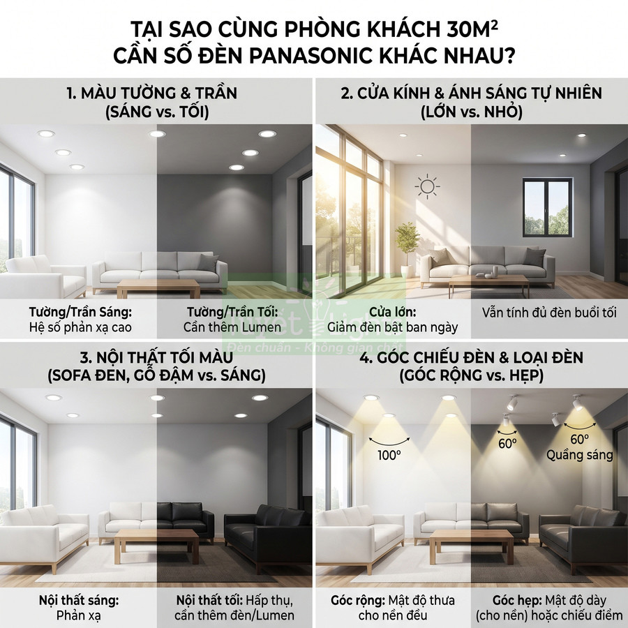 Infographic so sánh số lượng đèn trần Panasonic cho phòng khách 30m2 với các kiểu tường, nội thất và góc chiếu khác nhau