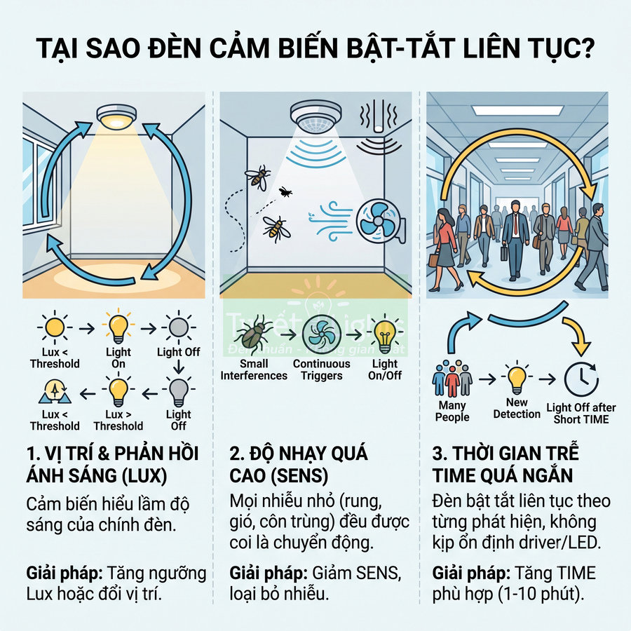 Infographic lý giải nguyên nhân đèn cảm biến bật tắt liên tục và cách điều chỉnh lux, độ nhạy, thời gian trễ
