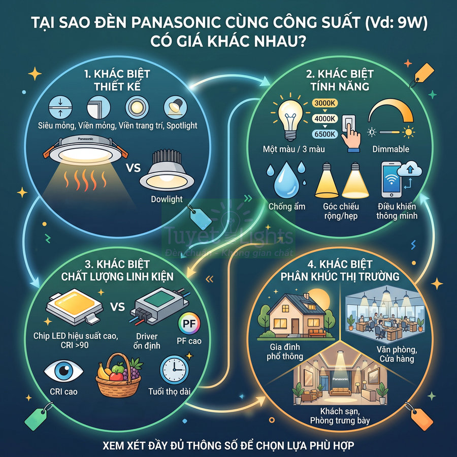 Infographic so sánh các loại đèn LED Panasonic 9W về thiết kế, tính năng, linh kiện và phân khúc sử dụng