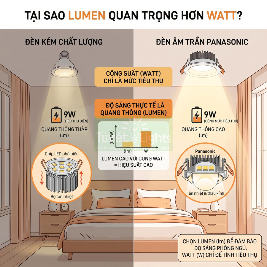 So sánh độ sáng đèn âm trần Panasonic 9W quang thông cao với đèn kém chất lượng 9W trong phòng ngủ