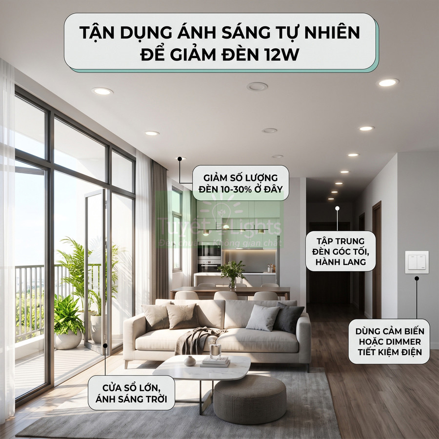 Phòng khách hiện đại tận dụng cửa sổ lớn và đèn âm trần 12W kết hợp cảm biến tiết kiệm điện