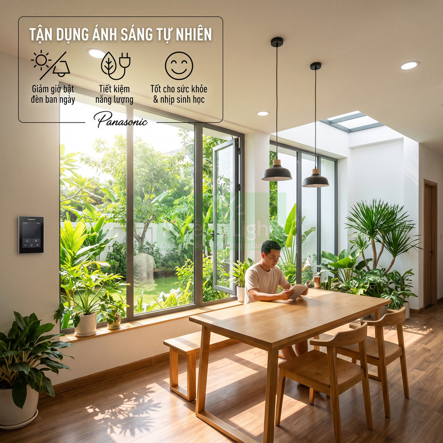 Công tắc thông minh Panasonic điều khiển chiếu sáng trong phòng ăn nhiều cây xanh tận dụng ánh sáng tự nhiên