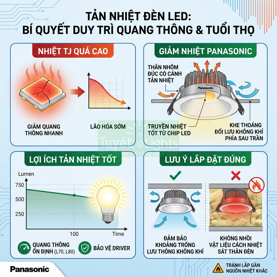 Infographic tản nhiệt đèn LED âm trần Panasonic, hướng dẫn lắp đặt đúng để duy trì quang thông và tăng tuổi thọ