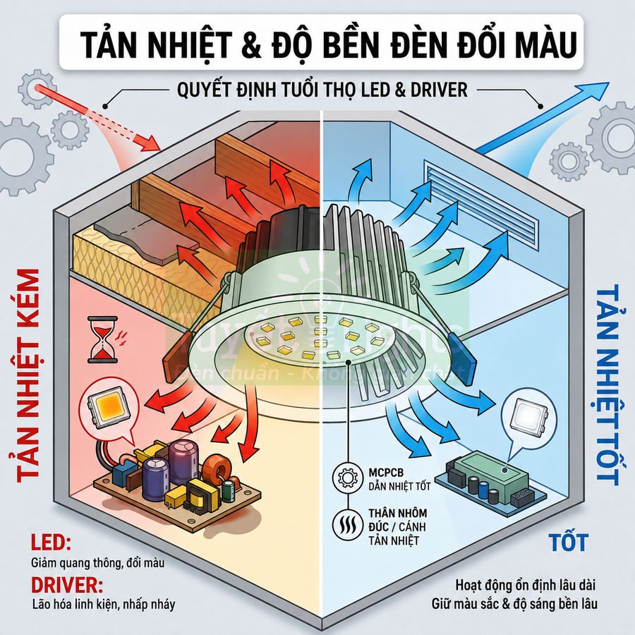So sánh đèn LED đổi màu với hệ thống tản nhiệt kém và tản nhiệt tốt, ảnh hưởng đến độ bền và tuổi thọ