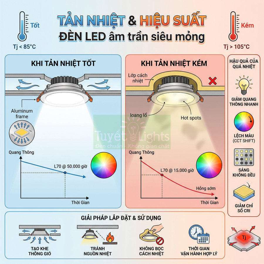 So sánh tản nhiệt và hiệu suất đèn LED âm trần siêu mỏng, hướng dẫn lắp đặt để tránh quá nhiệt và giảm độ sáng