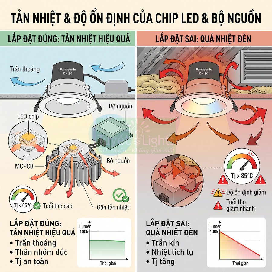 Đèn LED âm trần Panasonic DN 2G minh họa lắp đặt đúng giúp tản nhiệt tốt và lắp đặt sai gây quá nhiệt