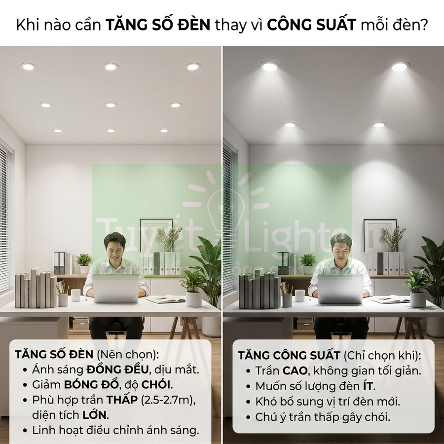 So sánh phòng làm việc dùng nhiều đèn âm trần LED ánh sáng đều và ít đèn công suất cao ánh sáng gắt