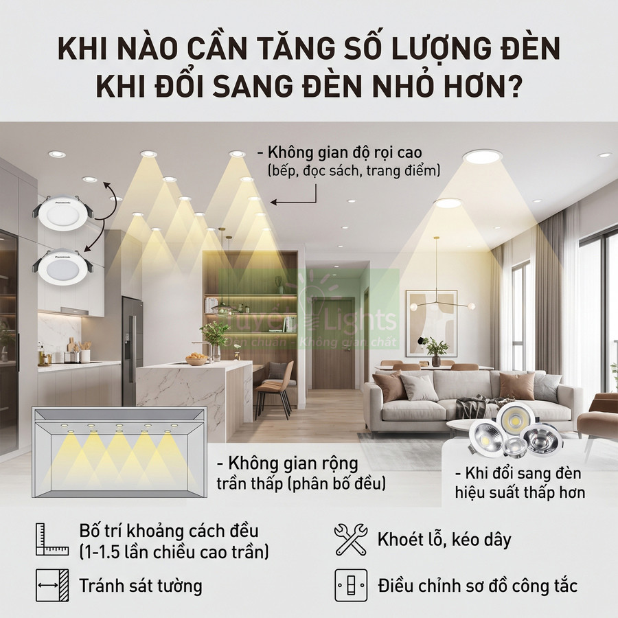 Đèn downlight âm trần chiếu sáng phòng khách liền bếp hiện đại với bố trí đèn nhỏ đều trên trần