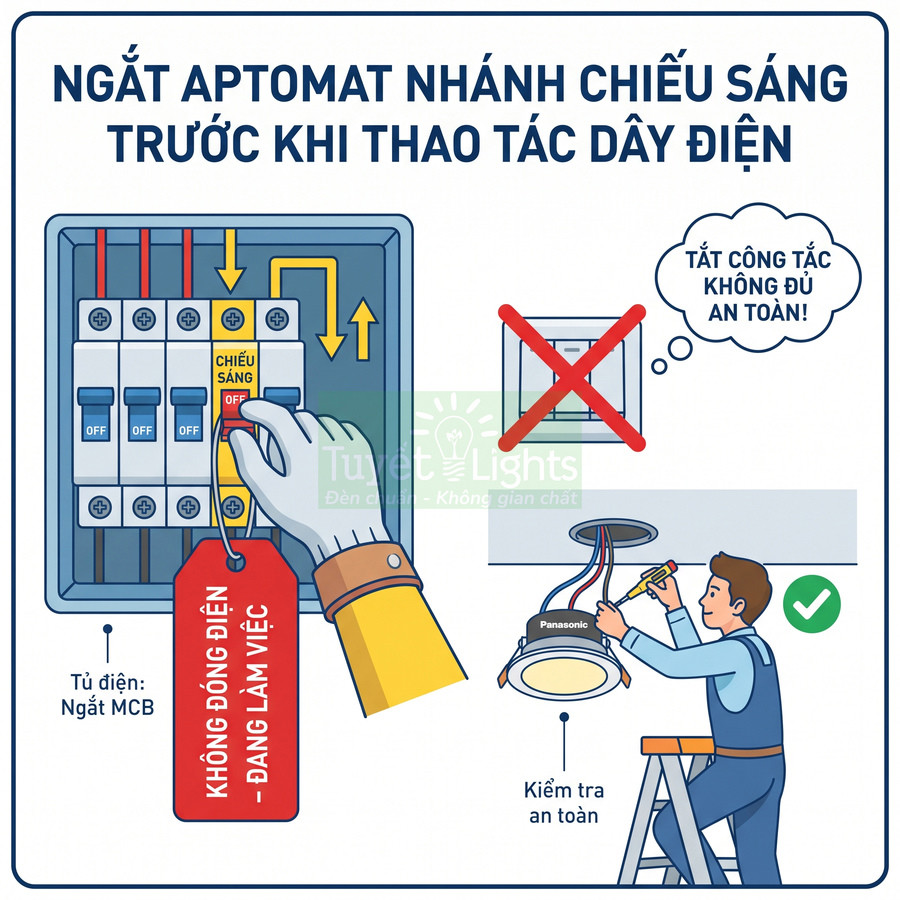 Thợ điện tắt aptomat chiếu sáng và kiểm tra an toàn trước khi lắp đèn âm trần Panasonic