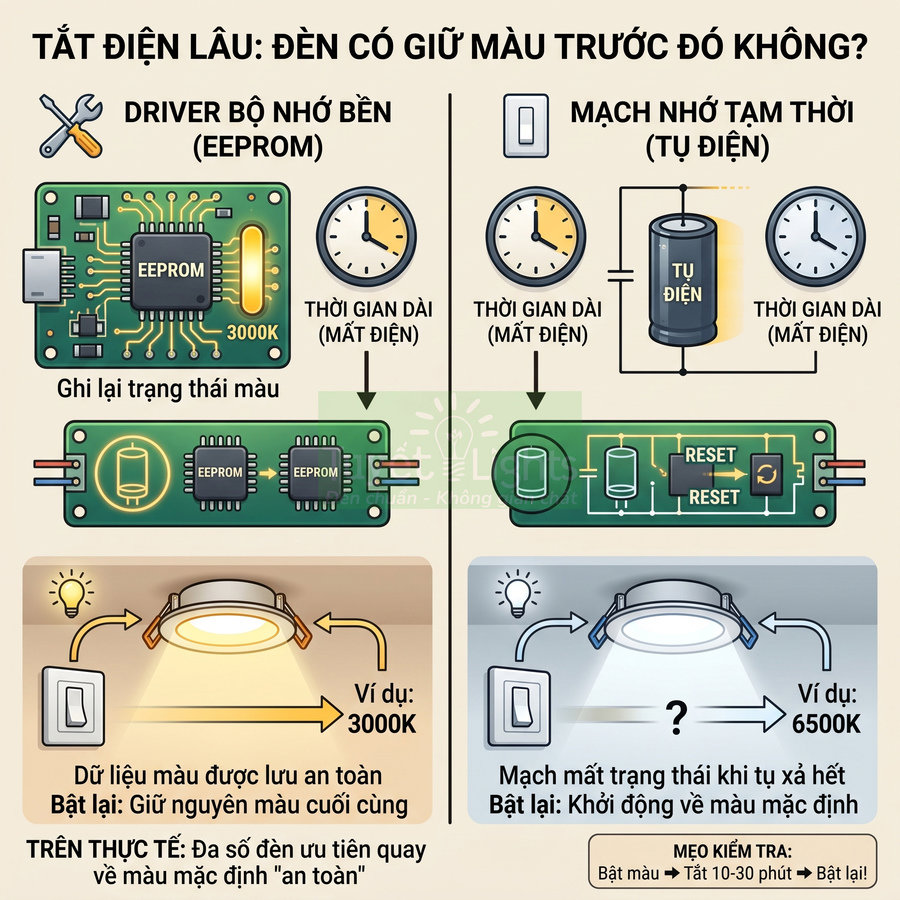So sánh đèn LED đổi màu dùng driver bộ nhớ bền EEPROM và mạch nhớ tạm thời tụ điện
