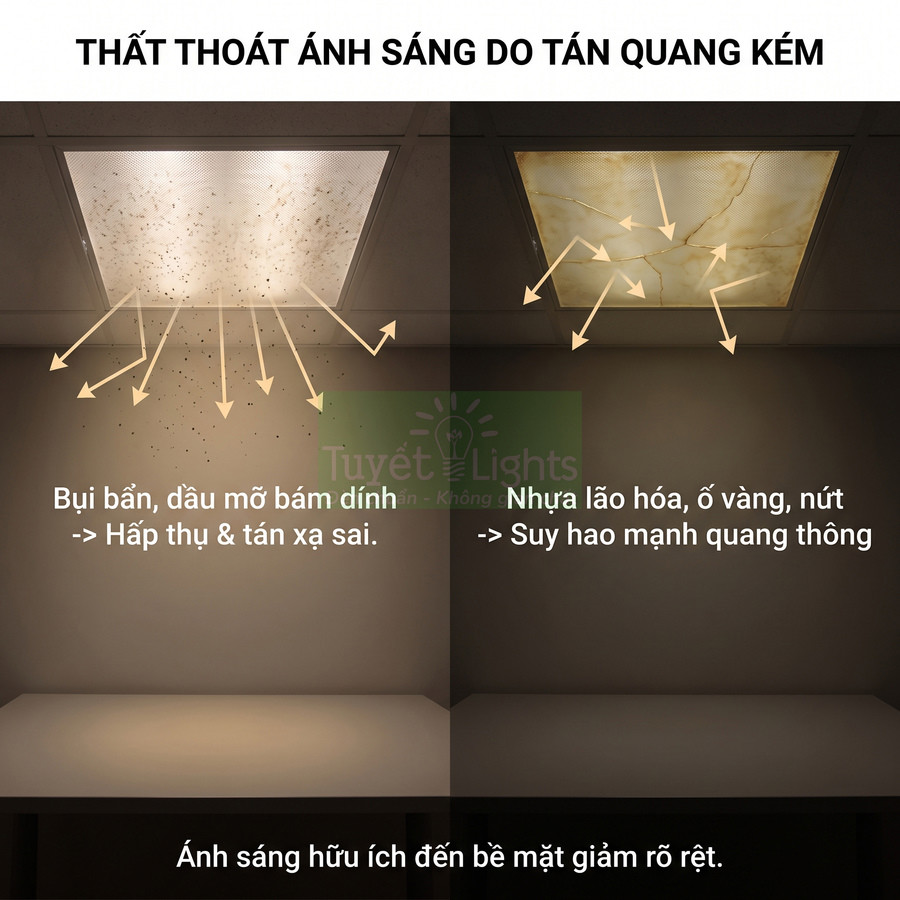 So sánh trần đèn LED tán quang bẩn, nhựa ố vàng nứt làm thất thoát ánh sáng và giảm độ sáng bề mặt