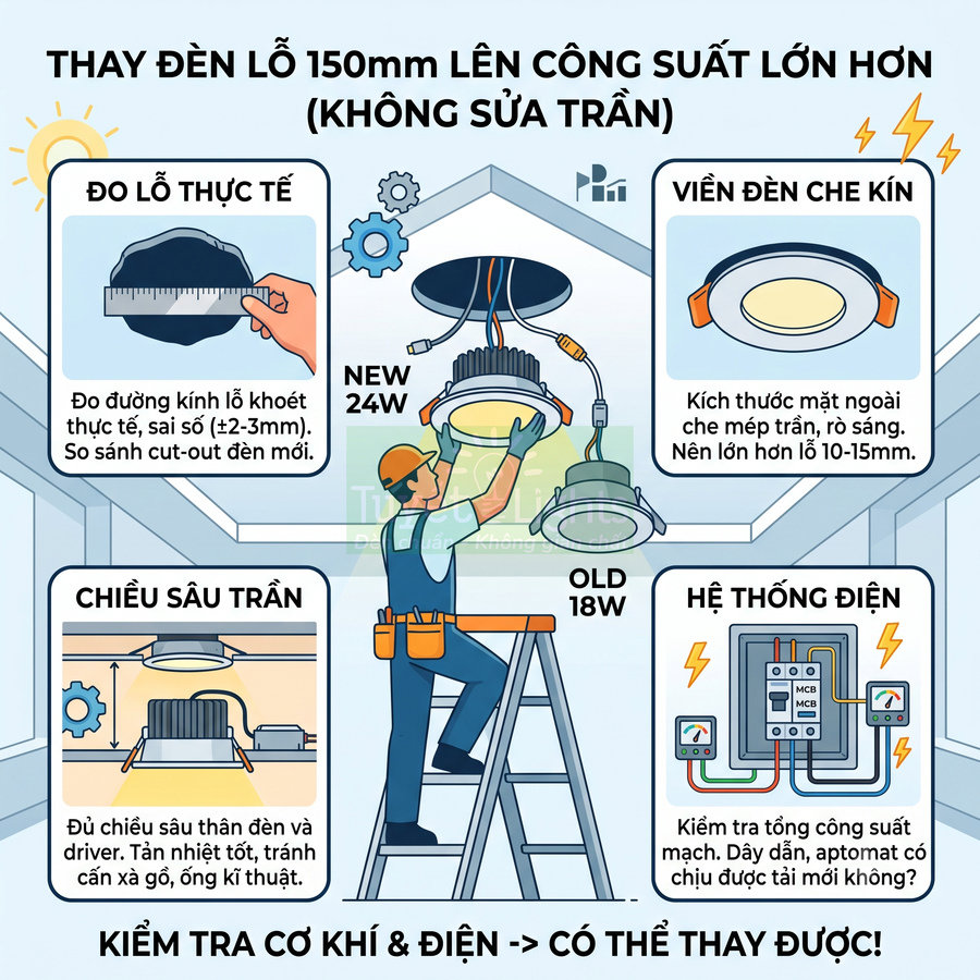 Hướng dẫn thay đèn âm trần 150mm công suất lớn hơn, thợ điện đo lỗ khoét và kiểm tra hệ thống điện
