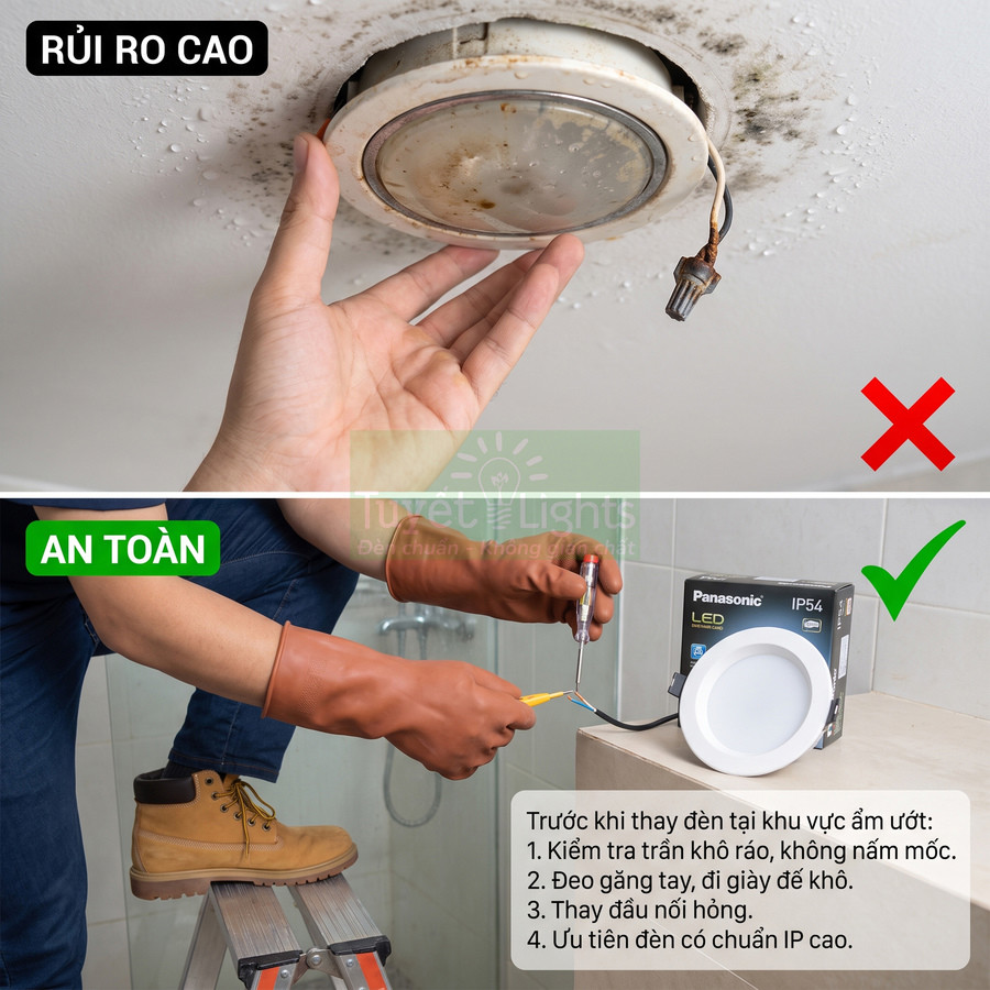Đèn LED âm trần Panasonic IP54 chống ẩm lắp đặt an toàn trong nhà tắm, thợ điện đeo găng tay và giày bảo hộ