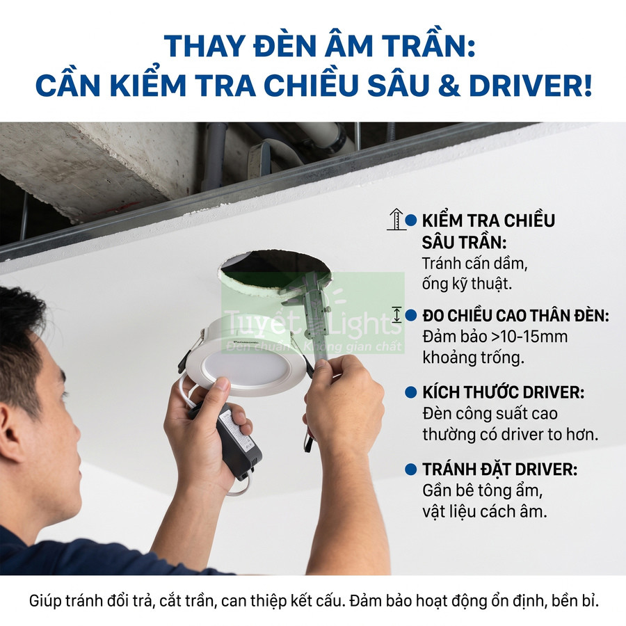 Người thợ lắp đặt đèn âm trần tròn Tuyết Lights, kiểm tra chiều sâu trần và driver trước khi thay thế