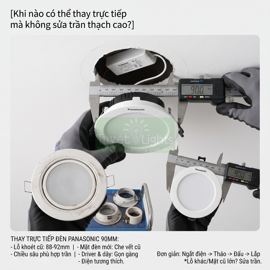 Đèn led âm trần Panasonic 90mm màu trắng được đo kích thước để thay thế đèn cũ trên trần thạch cao