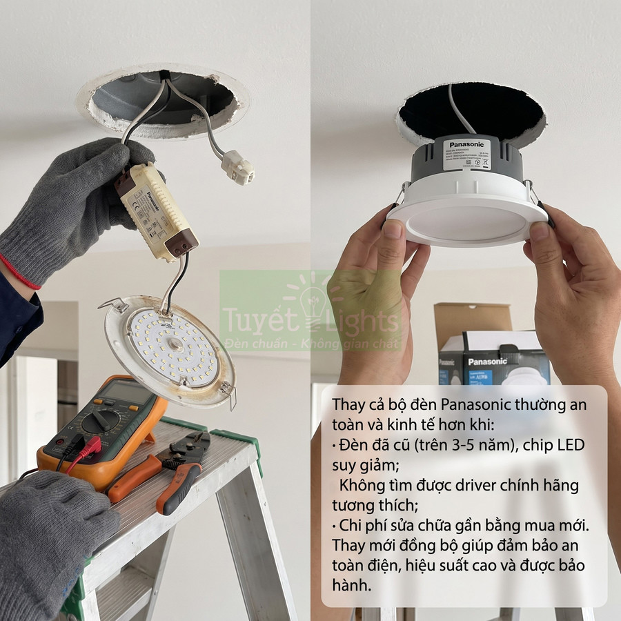 Thợ điện thay đèn âm trần Panasonic mới cho trần nhà để đảm bảo ánh sáng và an toàn sử dụng