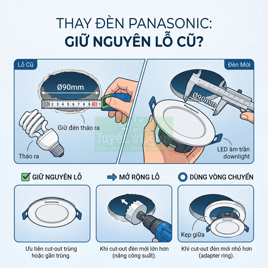 Hướng dẫn thay đèn LED âm trần Panasonic vào lỗ cũ trên trần nhà, đo lỗ và lắp vừa khít