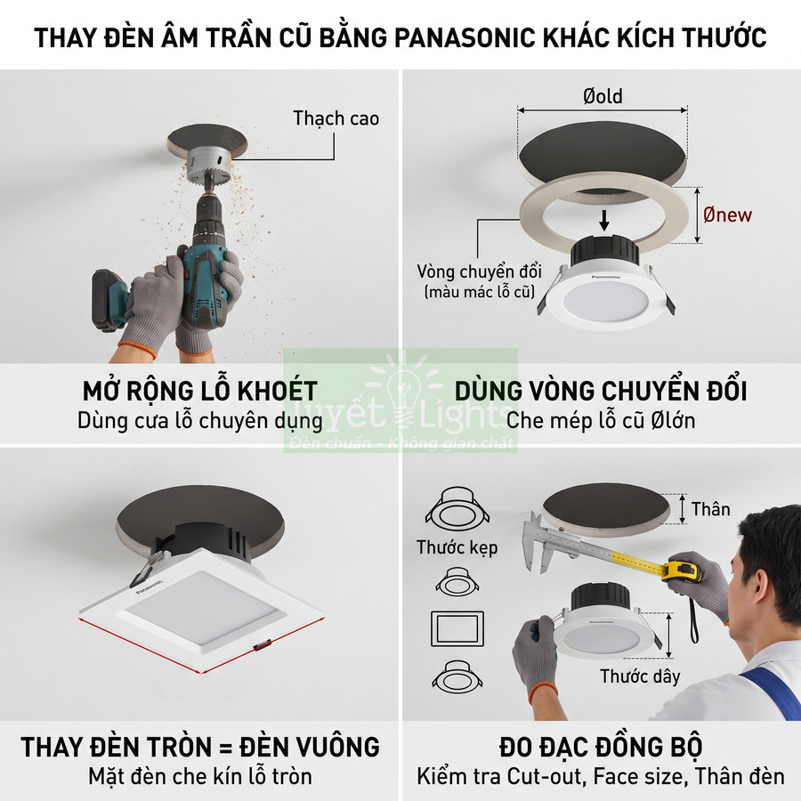 Hướng dẫn thay đèn âm trần Panasonic khác kích thước bằng khoan, vòng chuyển đổi và đo đạc đồng bộ